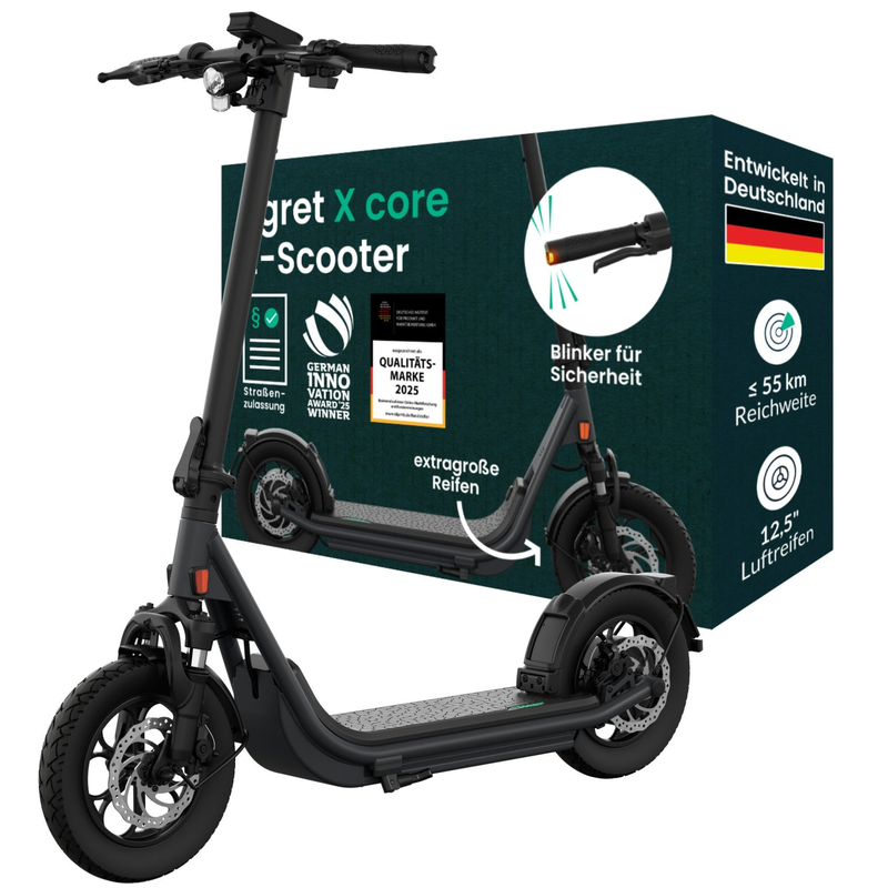 E-Scooter X-Serie (core/prime/ultra) 12,5", FEDERUNG, BLINKER, ≤90 KM Reichweite